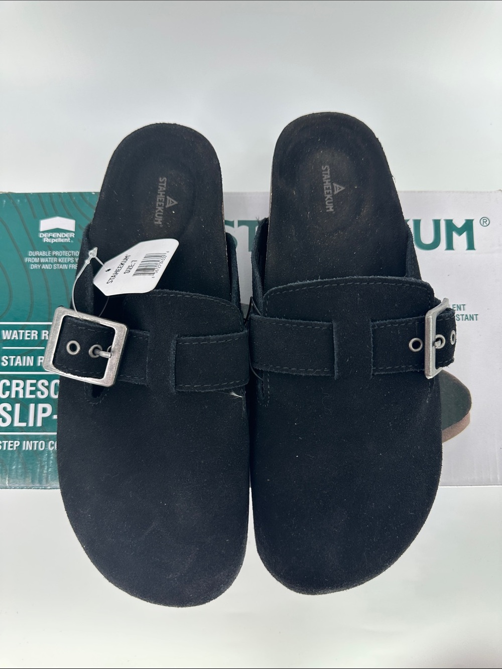 Staheekum Womens Clogs Black Shoes Buckle Water Repellent Slip-On Suede Upper 7